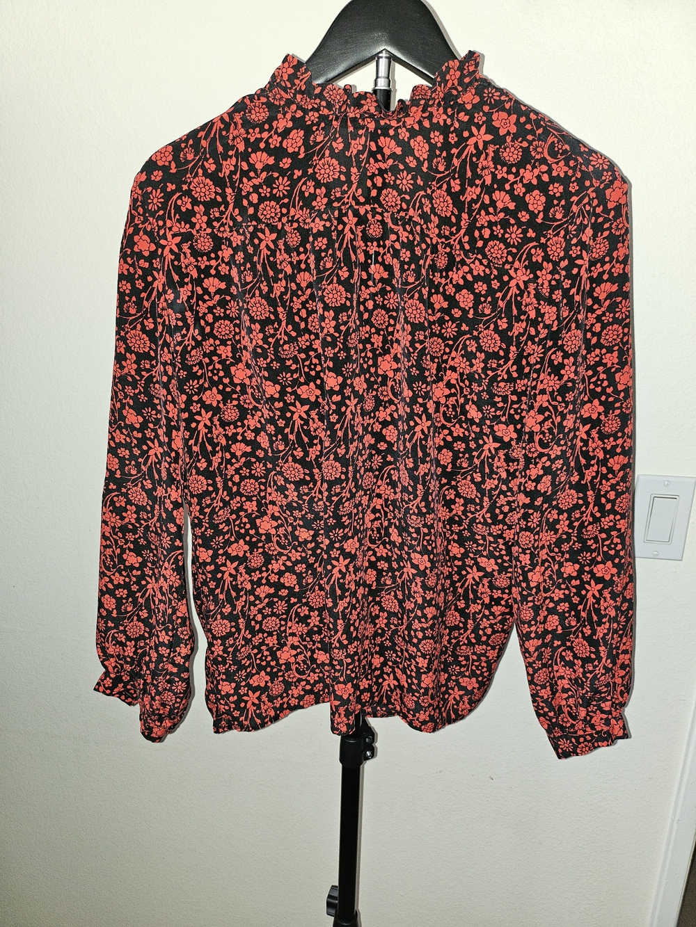 Maje Black Blouse with Red Floral Print and Ruffle Neckline